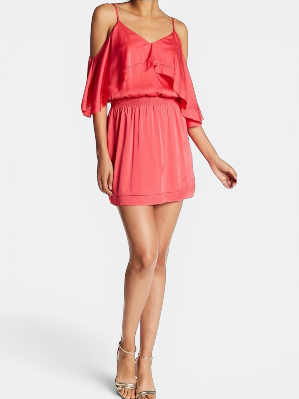 Trina Turk Coral Silk Ruffle Off The Shoulder Mini Dress Size M